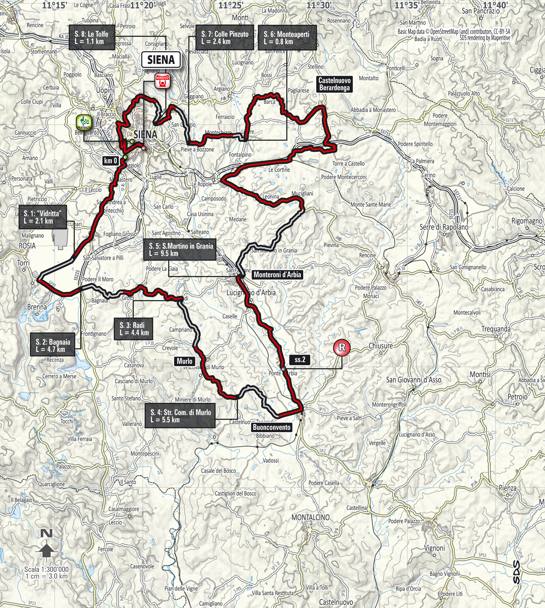 La planimetria della Strade Bianche donne, 127 km, otto tratti e 30,5 km di sterrato. Si corre il 4 marzo 2017 